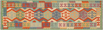 Flat Weave Kilim, Antique, Navaho, Vintage, Handmade, Geometric Kilim Gray Green Hand-Woven Runner 100% Wool Area Rug 3 x 10
